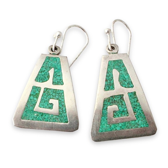 Vintage Mexican Crushed Turquoise Inlay Dangle Earrings Geometric Alpaca Silver - Picture 2 of 4